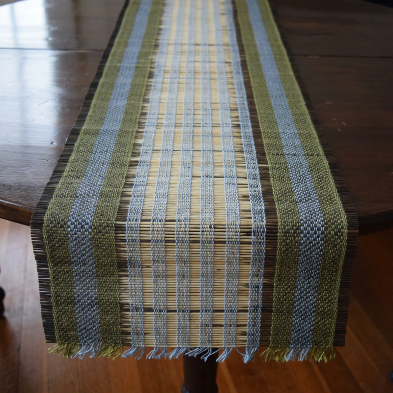 Natural Bamboo Woven Table Runner with Green Accents