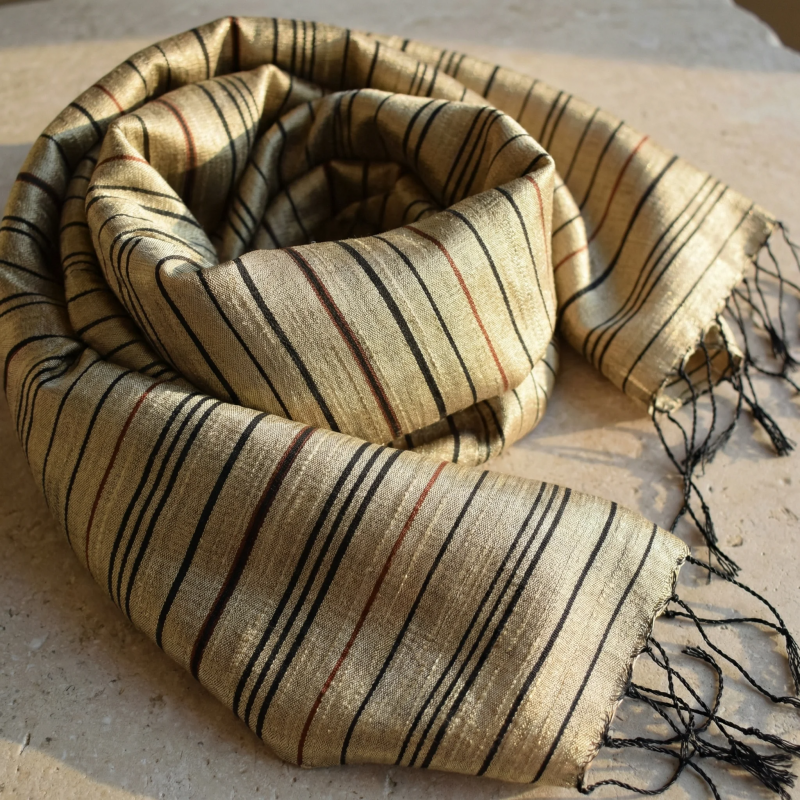 Classic Golden Striped Silk Scarf with Fringe